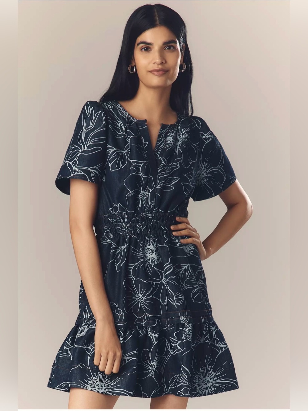 Anthropologie The Somerset Denim Mini Dress Floral Smocked Pockets NWT Large